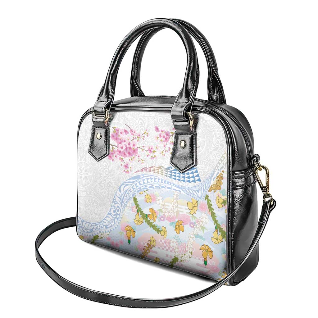 Hawaiian and Japanese Culture Together Shoulder Handbag Tribal Motifs with Lei and Japanese Sakura Pattern LT03 - Polynesian Pride