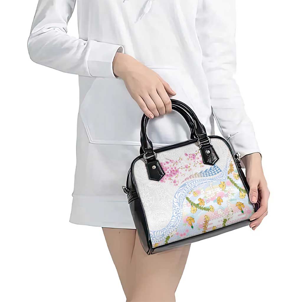 Hawaiian and Japanese Culture Together Shoulder Handbag Tribal Motifs with Lei and Japanese Sakura Pattern LT03 - Polynesian Pride