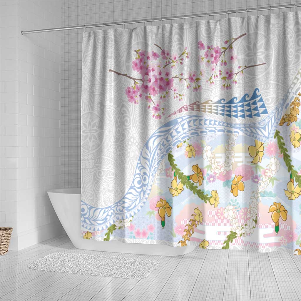 Hawaiian and Japanese Culture Together Shower Curtain Tribal Motifs with Lei and Japanese Sakura Pattern LT03 - Polynesian Pride