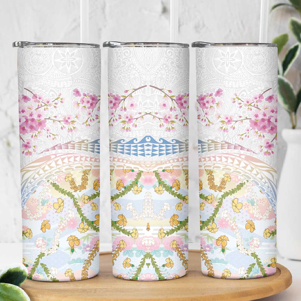 Hawaiian and Japanese Culture Together Skinny Tumbler Tribal Motifs with Lei and Japanese Sakura Pattern LT03 - Polynesian Pride