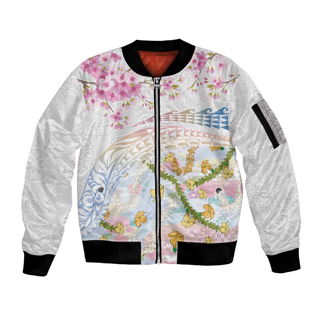 Hawaiian and Japanese Culture Together Sleeve Zip Bomber Jacket Tribal Motifs with Lei and Japanese Sakura Pattern LT03 Unisex White - Polynesian Pride