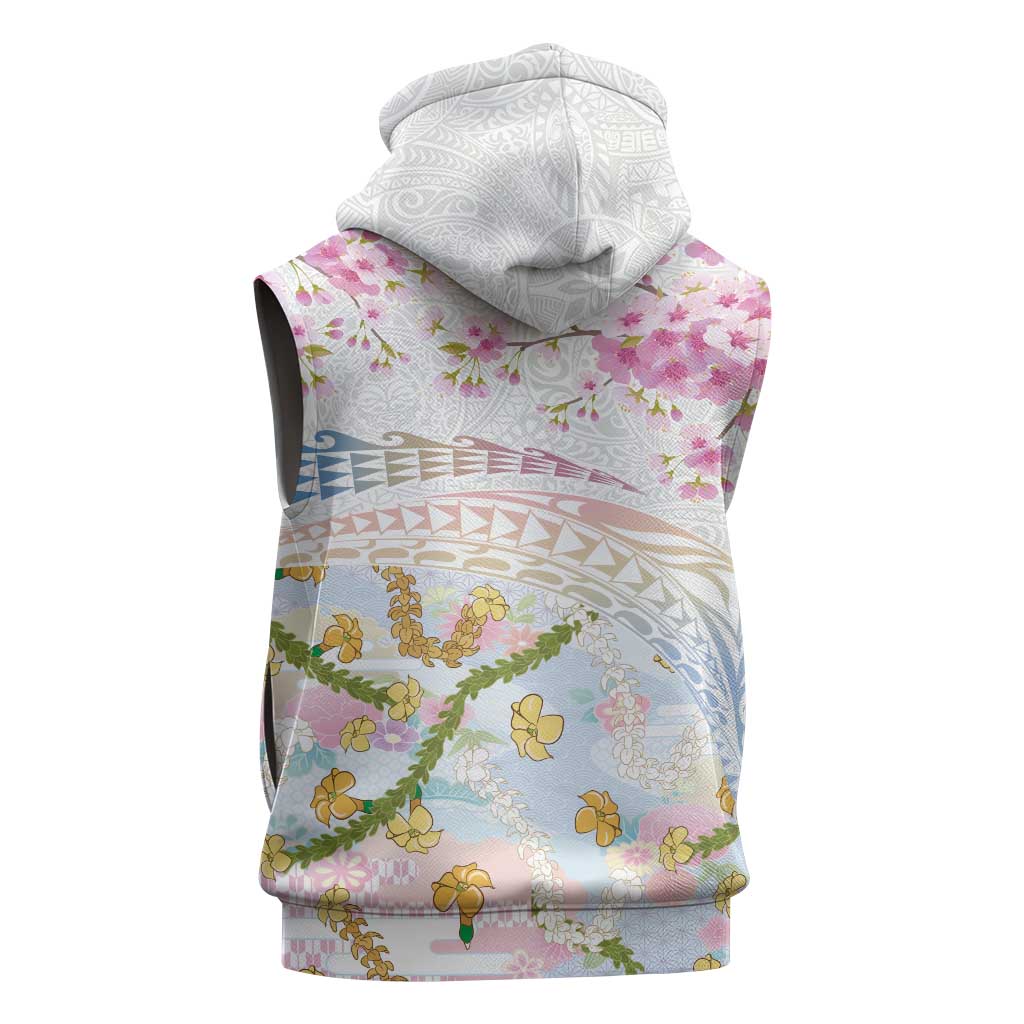 Hawaiian and Japanese Culture Together Sleeveless Hoodie Tribal Motifs with Lei and Japanese Sakura Pattern LT03 - Polynesian Pride