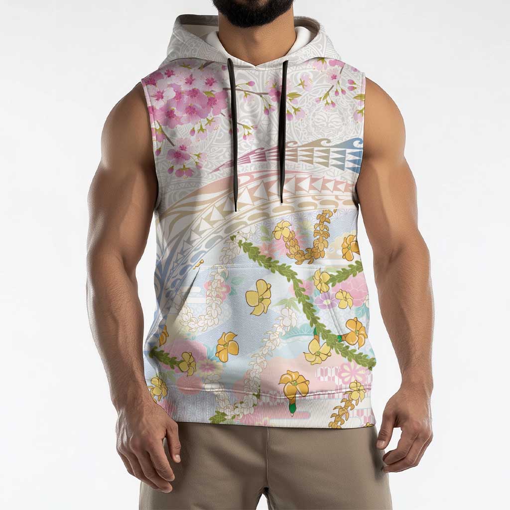 Hawaiian and Japanese Culture Together Sleeveless Hoodie Tribal Motifs with Lei and Japanese Sakura Pattern LT03 - Polynesian Pride