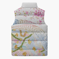 Hawaiian and Japanese Culture Together Sleeveless Puffer Jacket Tribal Motifs with Lei and Japanese Sakura Pattern LT03 - Polynesian Pride