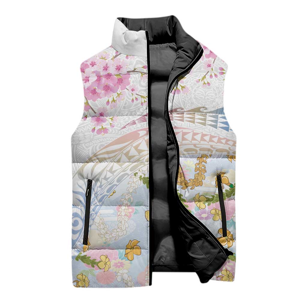 Hawaiian and Japanese Culture Together Sleeveless Puffer Jacket Tribal Motifs with Lei and Japanese Sakura Pattern LT03 - Polynesian Pride