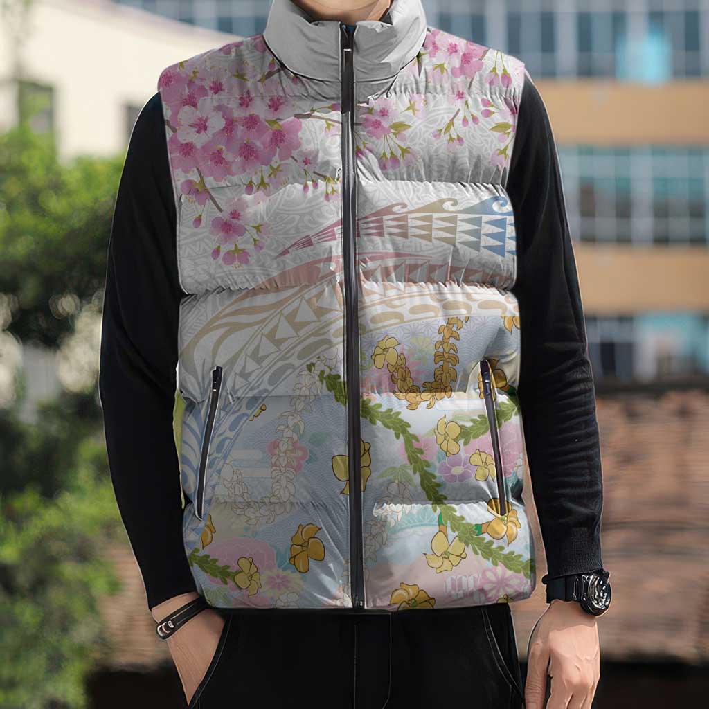 Hawaiian and Japanese Culture Together Sleeveless Puffer Jacket Tribal Motifs with Lei and Japanese Sakura Pattern LT03 - Polynesian Pride