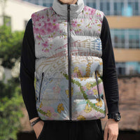 Hawaiian and Japanese Culture Together Sleeveless Puffer Jacket Tribal Motifs with Lei and Japanese Sakura Pattern LT03 - Polynesian Pride