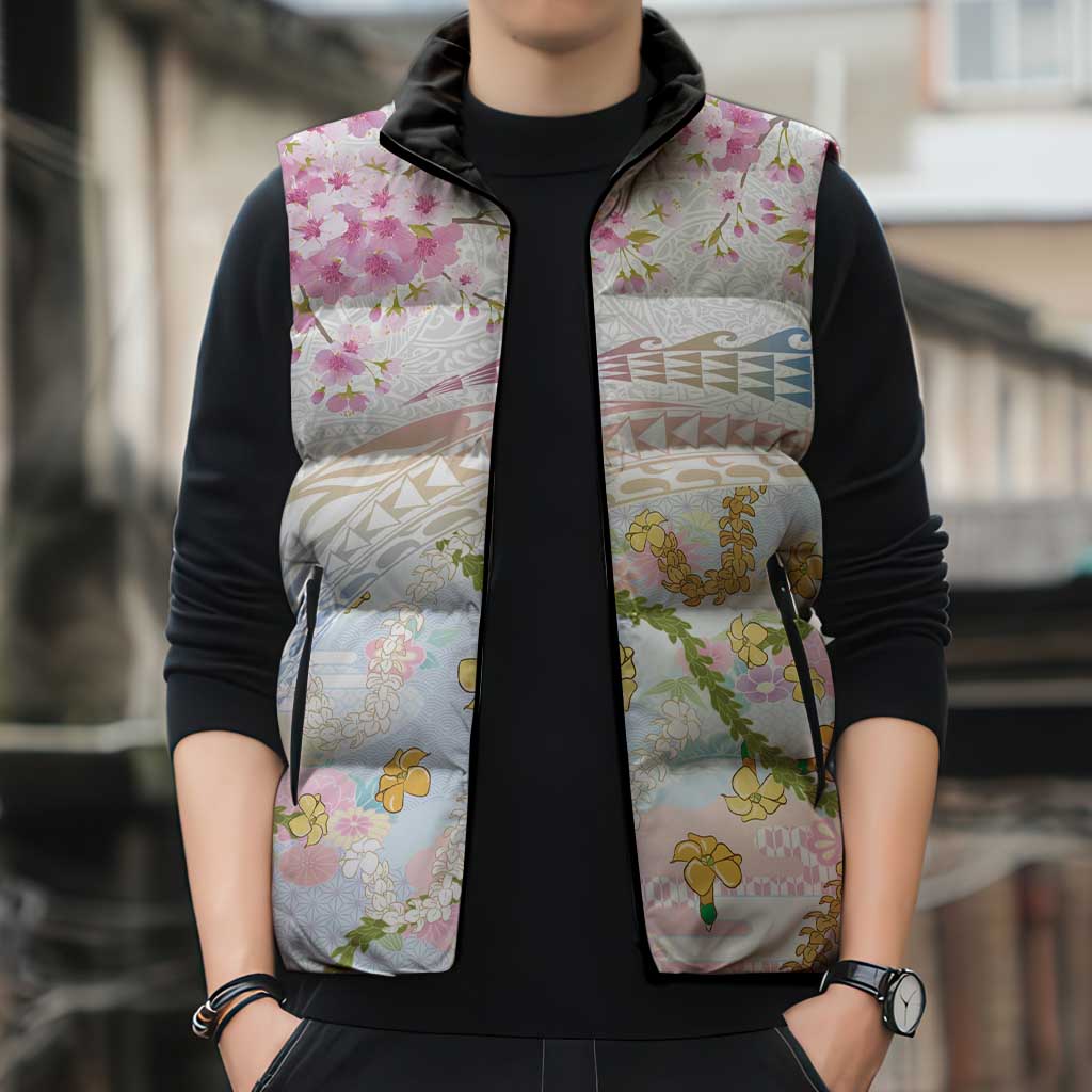 Hawaiian and Japanese Culture Together Sleeveless Puffer Jacket Tribal Motifs with Lei and Japanese Sakura Pattern LT03 - Polynesian Pride