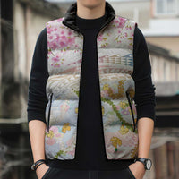 Hawaiian and Japanese Culture Together Sleeveless Puffer Jacket Tribal Motifs with Lei and Japanese Sakura Pattern LT03 - Polynesian Pride