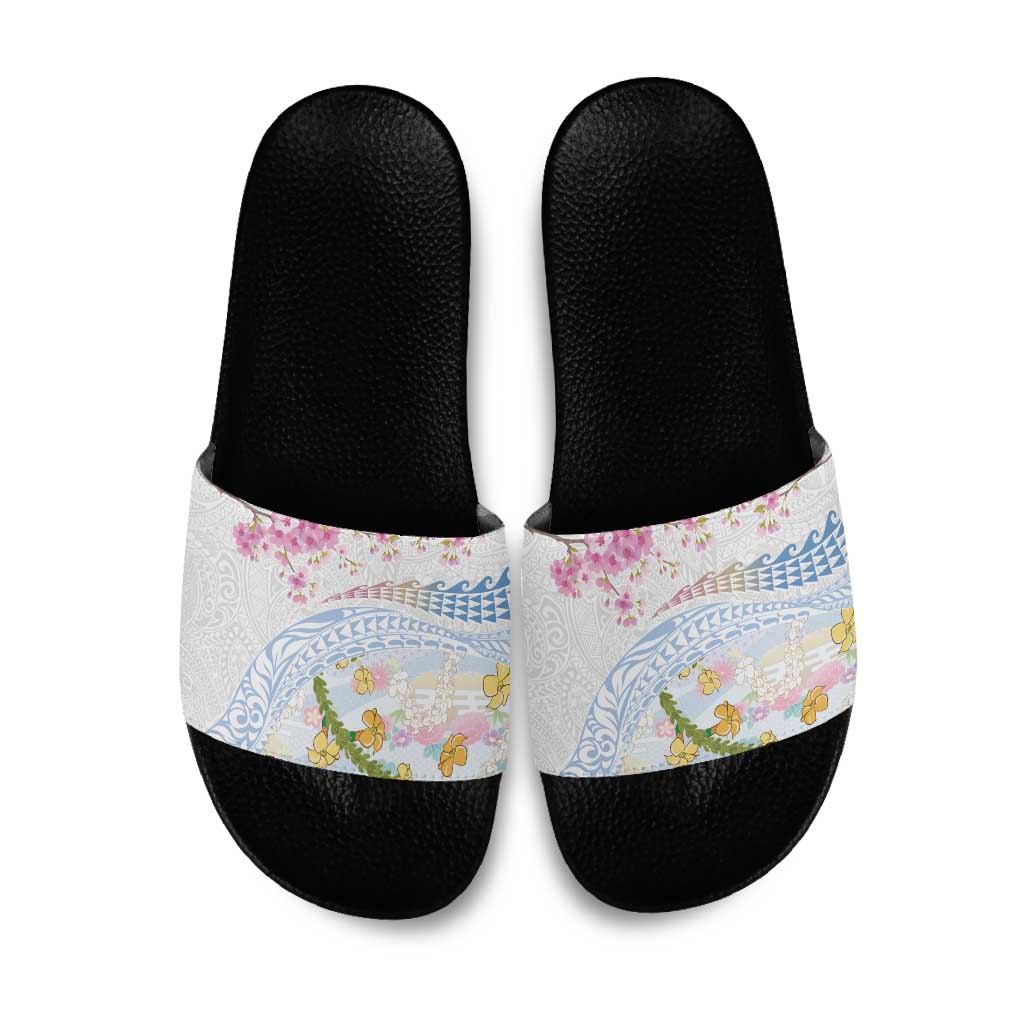Hawaiian and Japanese Culture Together Slide Sandals Tribal Motifs with Lei and Japanese Sakura Pattern