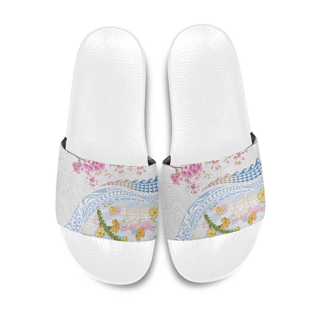 Hawaiian and Japanese Culture Together Slide Sandals Tribal Motifs with Lei and Japanese Sakura Pattern LT03 White - Polynesian Pride