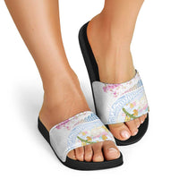 Hawaiian and Japanese Culture Together Slide Sandals Tribal Motifs with Lei and Japanese Sakura Pattern LT03 - Polynesian Pride