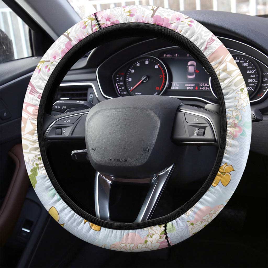 Hawaiian and Japanese Culture Together Steering Wheel Cover Tribal Motifs with Lei and Japanese Sakura Pattern LT03 - Polynesian Pride