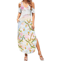 Hawaiian and Japanese Culture Together Summer Maxi Dress Tribal Motifs with Lei and Japanese Sakura Pattern LT03 Women White - Polynesian Pride