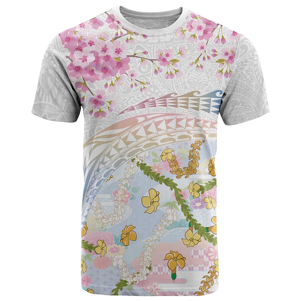 Hawaiian and Japanese Culture Together T Shirt Tribal Motifs with Lei and Japanese Sakura Pattern LT03 White - Polynesian Pride