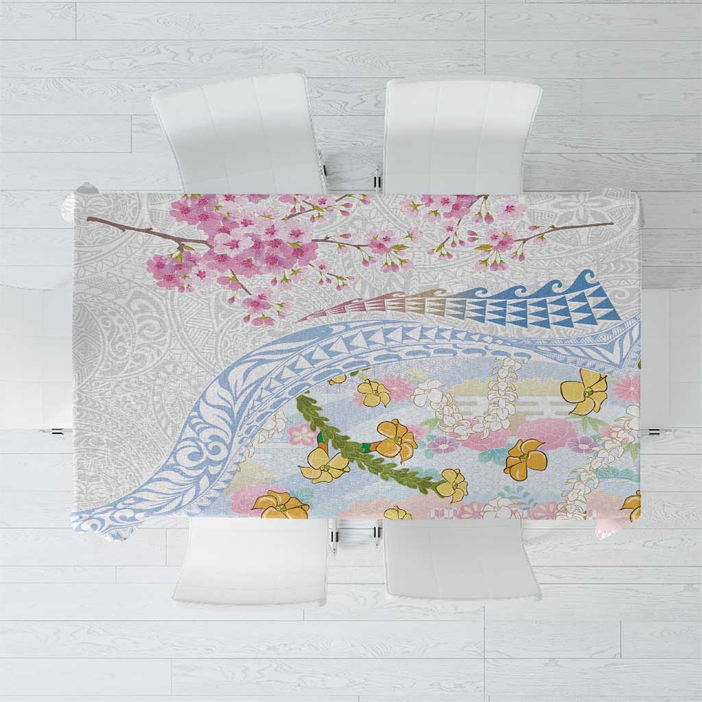 Hawaiian and Japanese Culture Together Tablecloth Tribal Motifs with Lei and Japanese Sakura Pattern