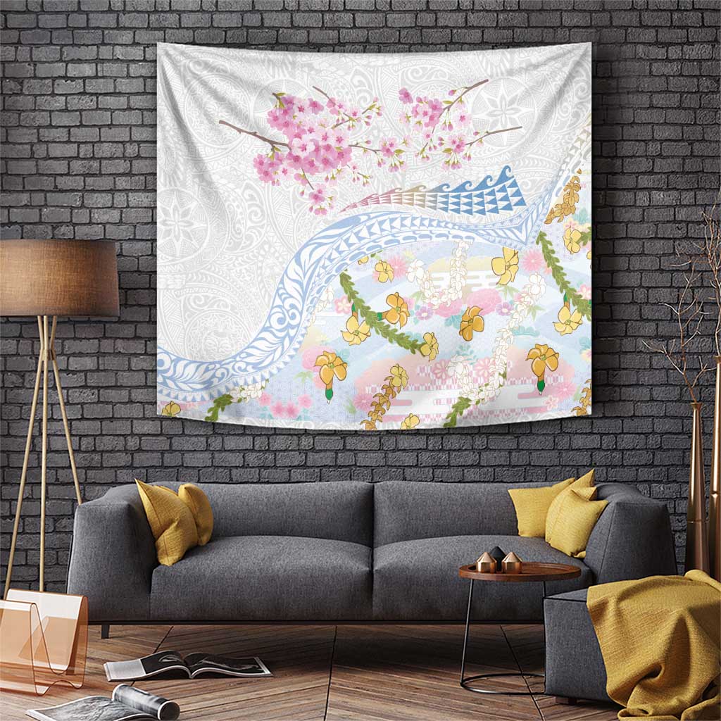 Hawaiian and Japanese Culture Together Tapestry Tribal Motifs with Lei and Japanese Sakura Pattern