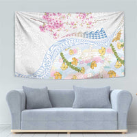 Hawaiian and Japanese Culture Together Tapestry Tribal Motifs with Lei and Japanese Sakura Pattern