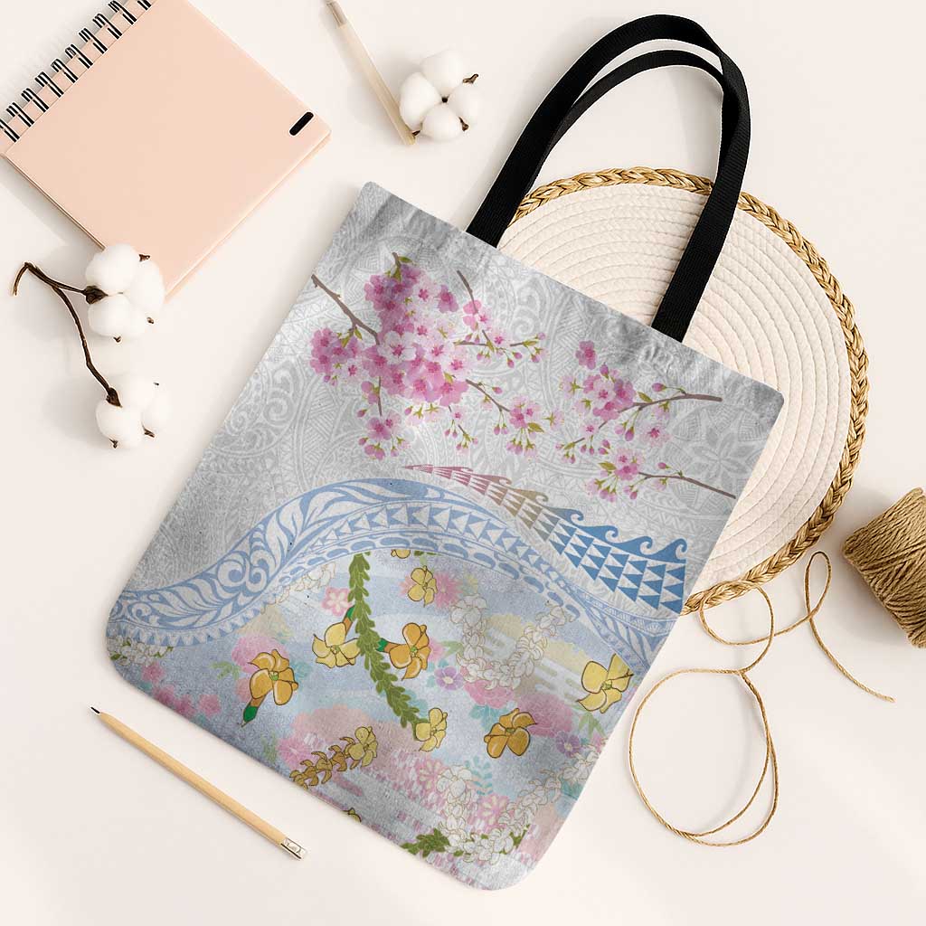 Hawaiian and Japanese Culture Together Tote Bag Tribal Motifs with Lei and Japanese Sakura Pattern LT03 Black Strap One Size White - Polynesian Pride
