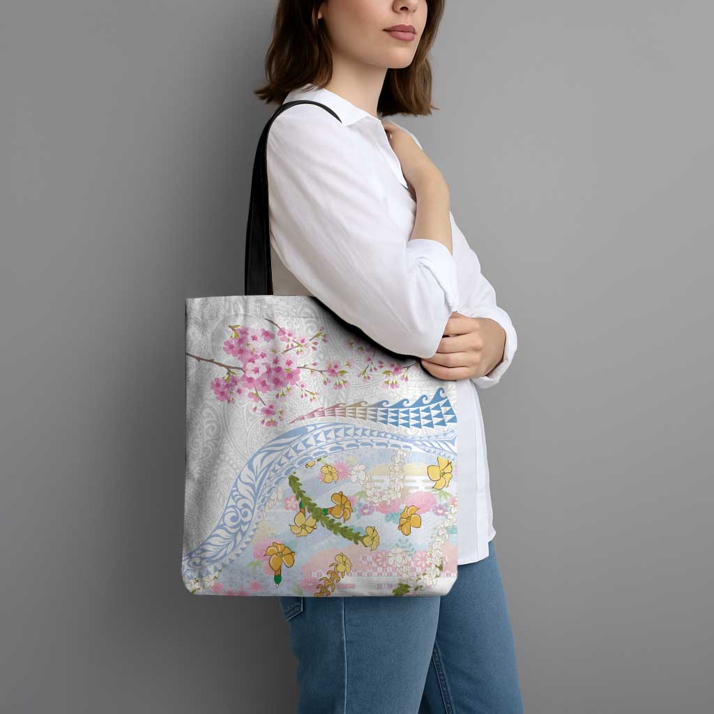 Hawaiian and Japanese Culture Together Tote Bag Tribal Motifs with Lei and Japanese Sakura Pattern LT03 - Polynesian Pride