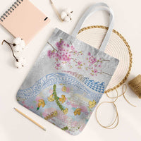 Hawaiian and Japanese Culture Together Tote Bag Tribal Motifs with Lei and Japanese Sakura Pattern LT03 White Strap One Size White - Polynesian Pride