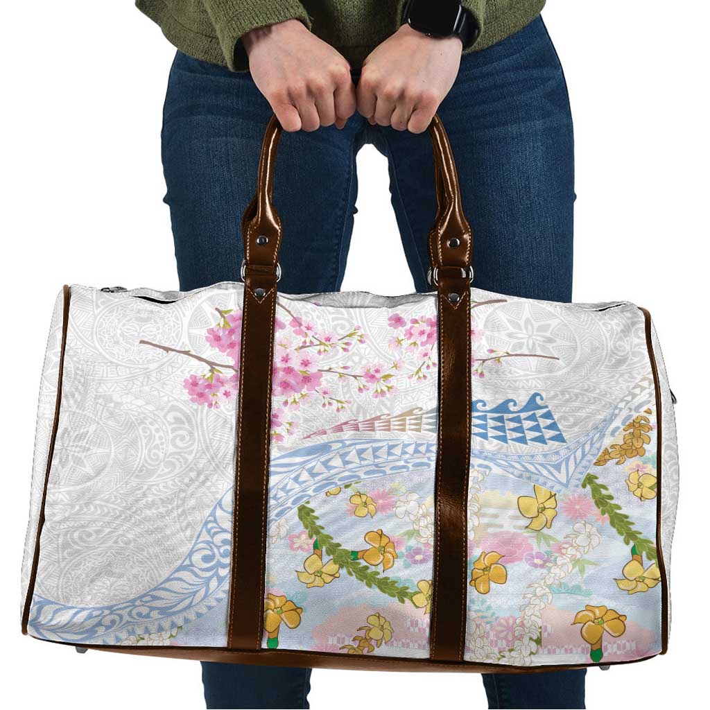 Hawaiian and Japanese Culture Together Travel Bag Tribal Motifs with Lei and Japanese Sakura Pattern LT03 White - Polynesian Pride