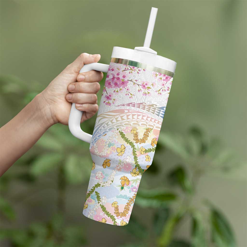 Hawaiian and Japanese Culture Together Tumbler With Handle Tribal Motifs with Lei and Japanese Sakura Pattern LT03 - Polynesian Pride