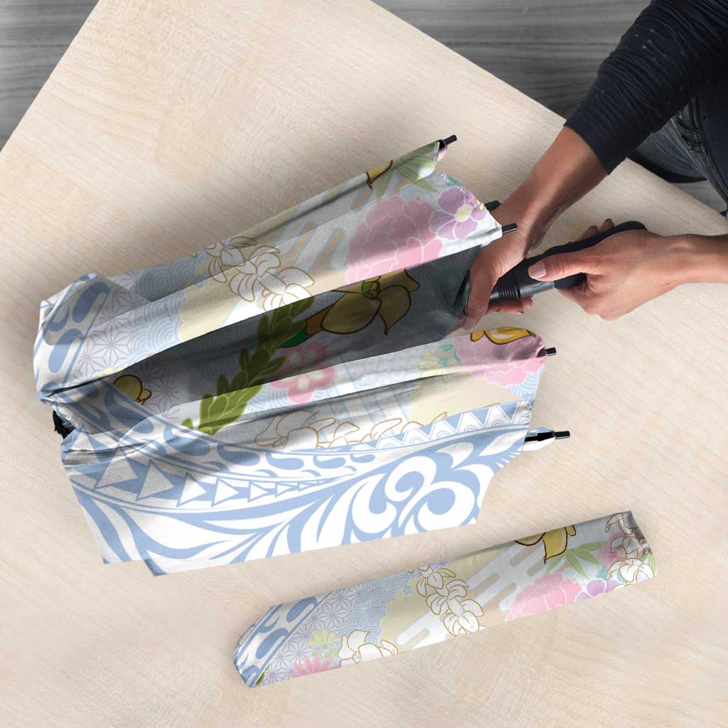 Hawaiian and Japanese Culture Together Umbrella Tribal Motifs with Lei and Japanese Sakura Pattern