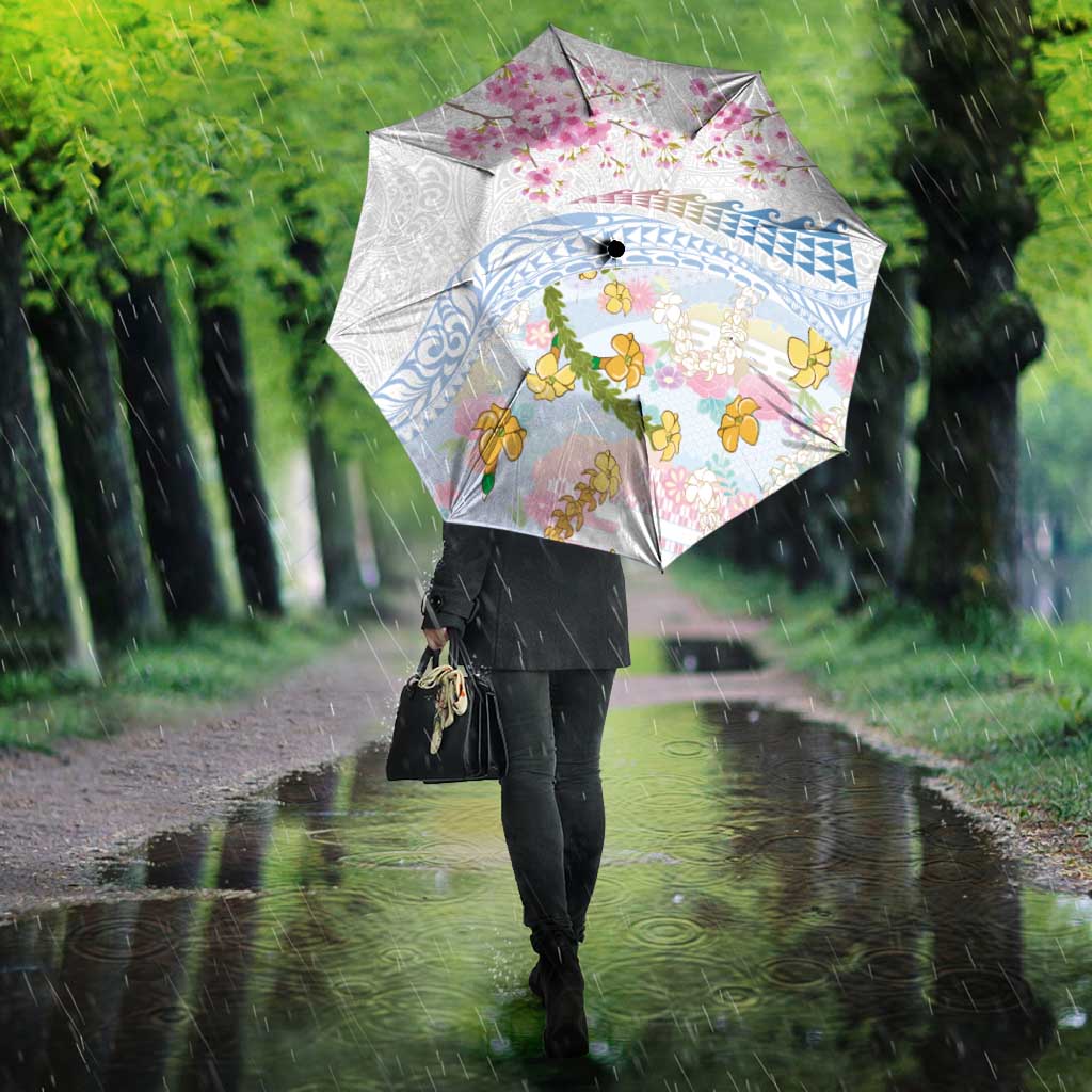 Hawaiian and Japanese Culture Together Umbrella Tribal Motifs with Lei and Japanese Sakura Pattern