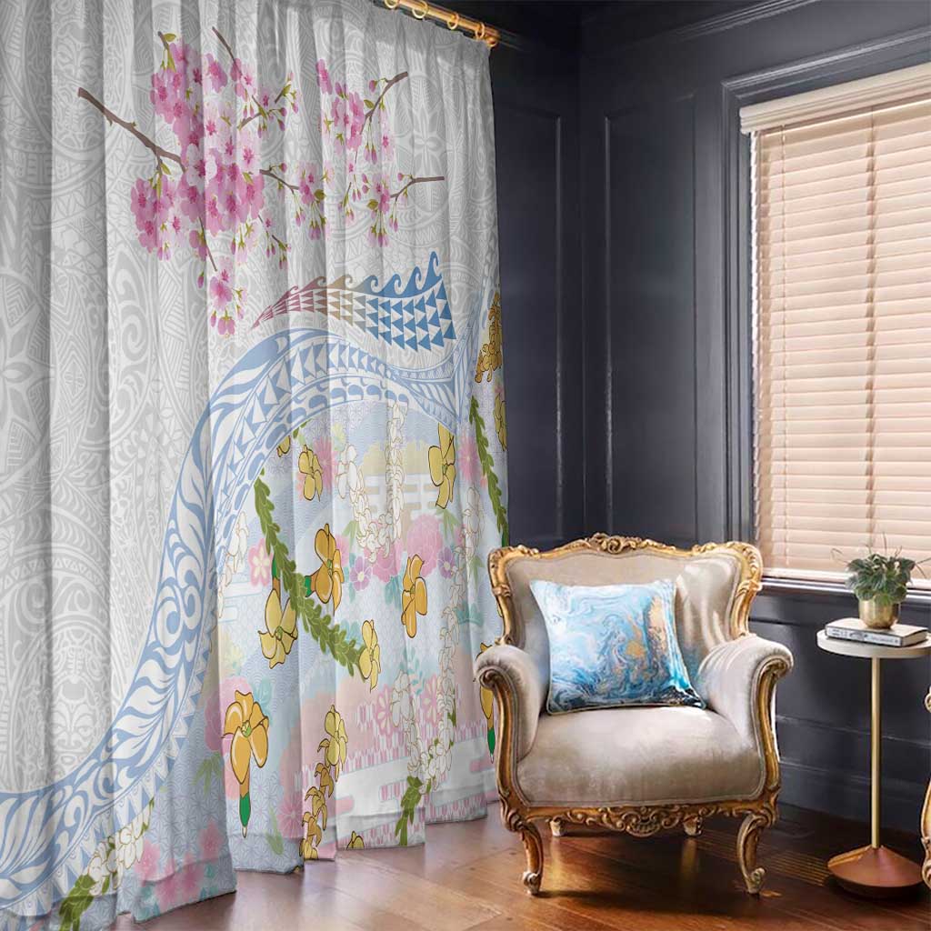 Hawaiian and Japanese Culture Together Window Curtain Tribal Motifs with Lei and Japanese Sakura Pattern LT03 - Polynesian Pride