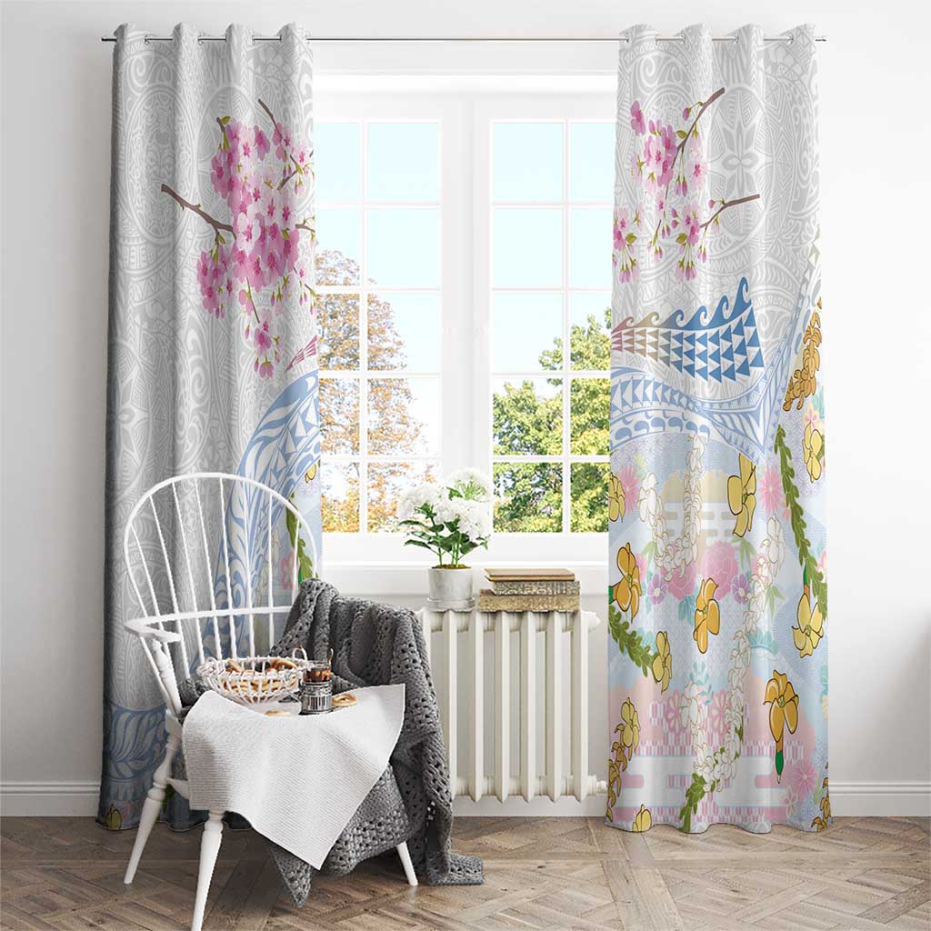 Hawaiian and Japanese Culture Together Window Curtain Tribal Motifs with Lei and Japanese Sakura Pattern LT03 - Polynesian Pride