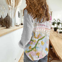 Hawaiian and Japanese Culture Together Women Casual Shirt Tribal Motifs with Lei and Japanese Sakura Pattern LT03 - Polynesian Pride