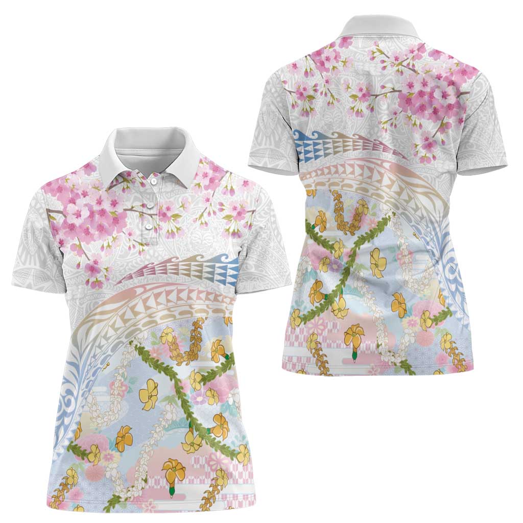 Hawaiian and Japanese Culture Together Women Polo Shirt Tribal Motifs with Lei and Japanese Sakura Pattern LT03 - Polynesian Pride