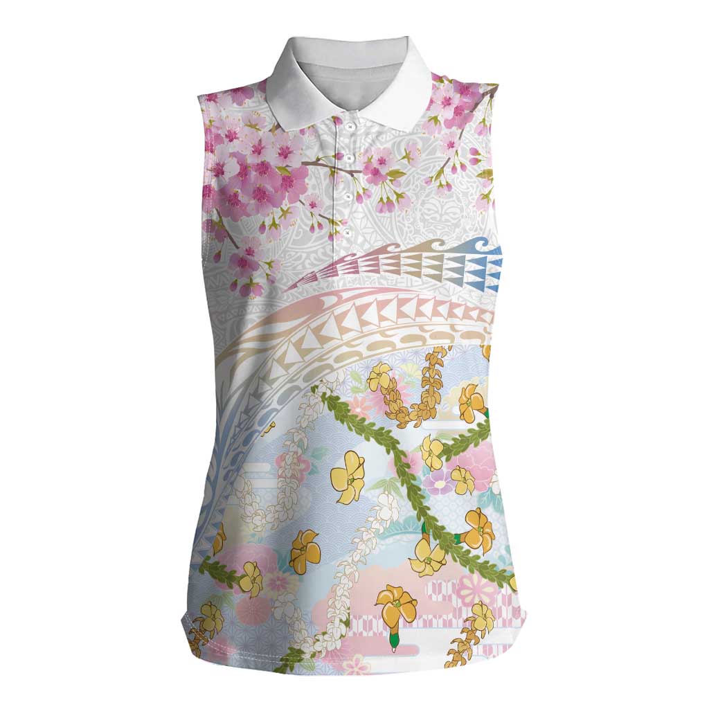 Hawaiian and Japanese Culture Together Women Sleeveless Polo Shirt Tribal Motifs with Lei and Japanese Sakura Pattern LT03 Female White - Polynesian Pride