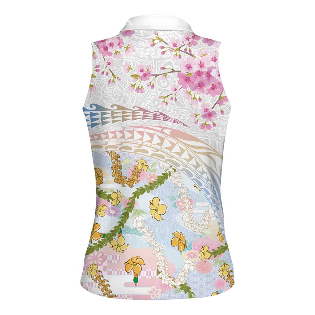 Hawaiian and Japanese Culture Together Women Sleeveless Polo Shirt Tribal Motifs with Lei and Japanese Sakura Pattern LT03 - Polynesian Pride