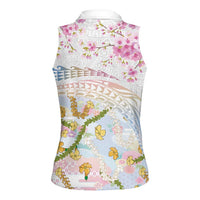 Hawaiian and Japanese Culture Together Women Sleeveless Polo Shirt Tribal Motifs with Lei and Japanese Sakura Pattern LT03 - Polynesian Pride