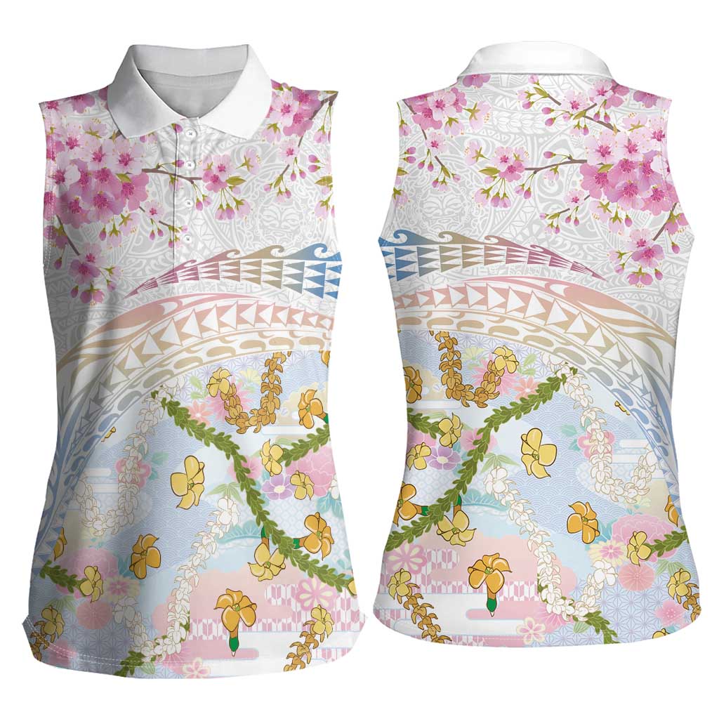 Hawaiian and Japanese Culture Together Women Sleeveless Polo Shirt Tribal Motifs with Lei and Japanese Sakura Pattern LT03 - Polynesian Pride