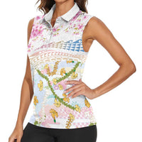 Hawaiian and Japanese Culture Together Women Sleeveless Polo Shirt Tribal Motifs with Lei and Japanese Sakura Pattern LT03 - Polynesian Pride