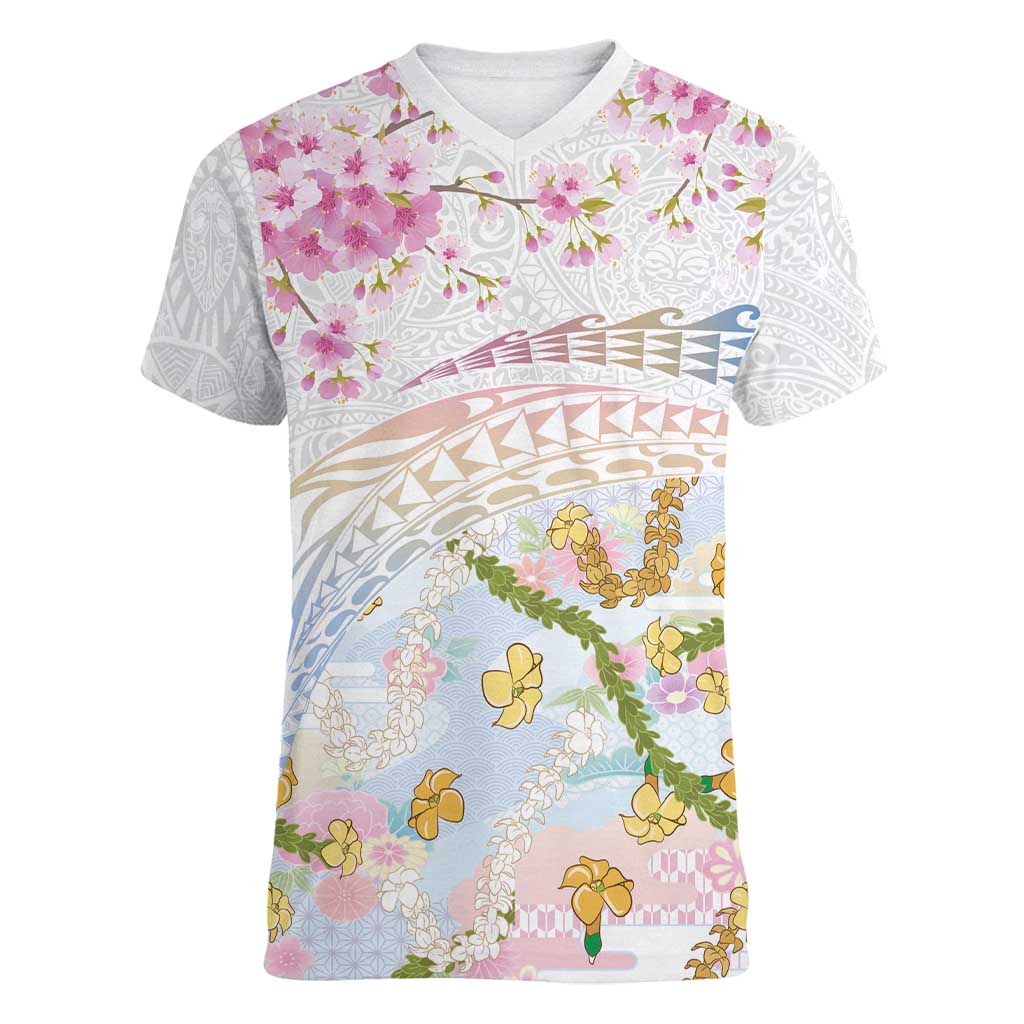 Hawaiian and Japanese Culture Together Women V-Neck T-Shirt Tribal Motifs with Lei and Japanese Sakura Pattern LT03 Female White - Polynesian Pride