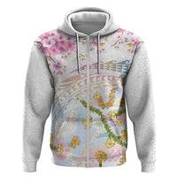 Hawaiian and Japanese Culture Together Zip Hoodie Tribal Motifs with Lei and Japanese Sakura Pattern LT03 Zip Hoodie White - Polynesian Pride
