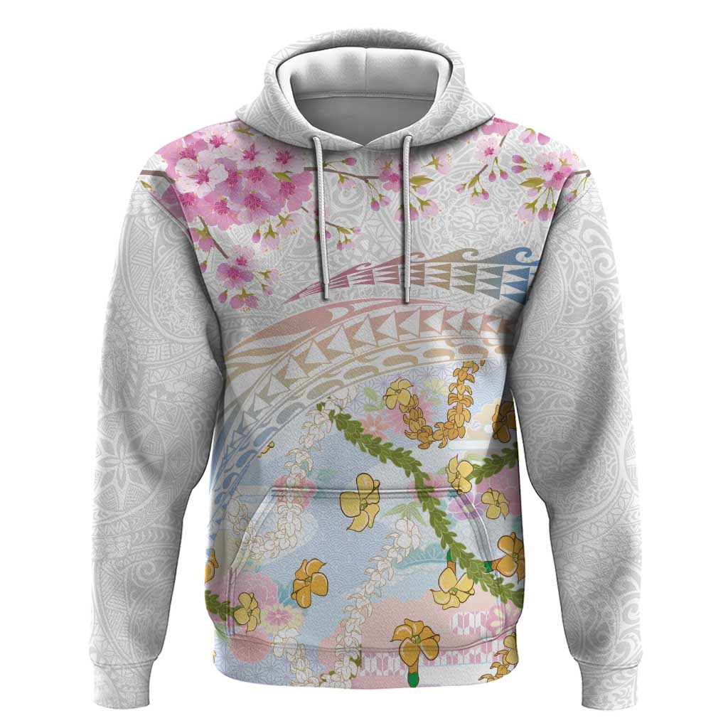 Hawaiian and Japanese Culture Together Zip Hoodie Tribal Motifs with Lei and Japanese Sakura Pattern LT03 Pullover Hoodie White - Polynesian Pride