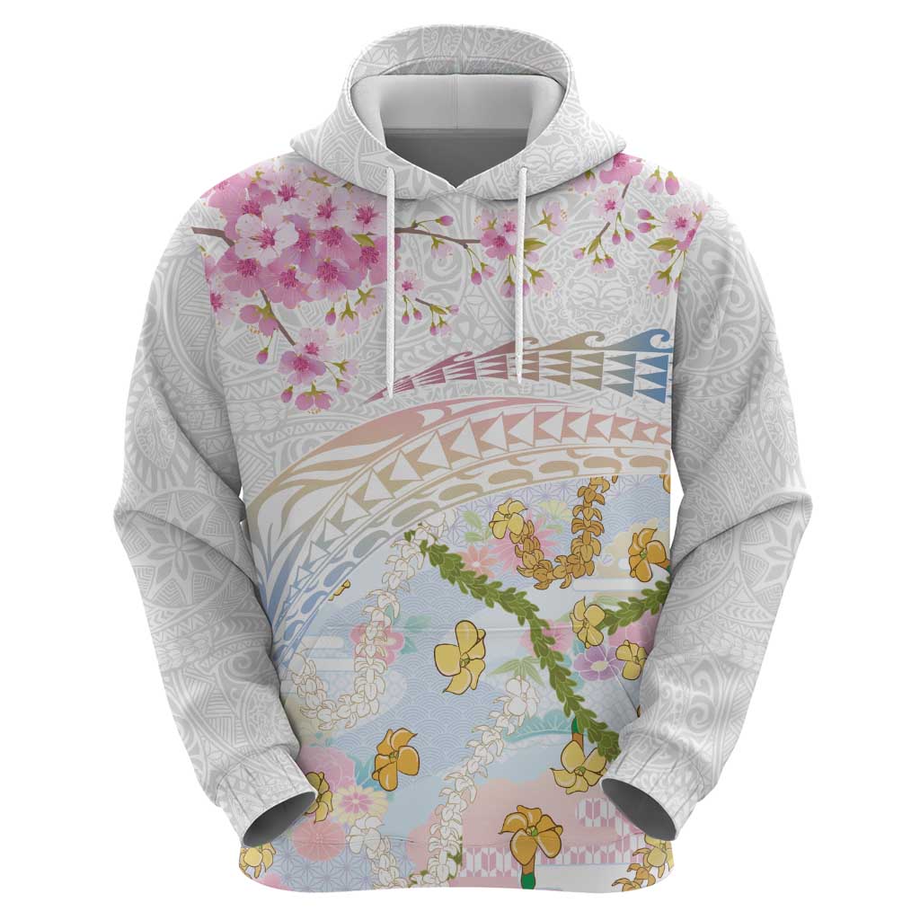 Hawaiian and Japanese Culture Together Zip Hoodie Tribal Motifs with Lei and Japanese Sakura Pattern LT03 - Polynesian Pride