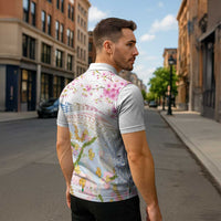 Hawaiian and Japanese Culture Together Zipper Polo Shirt Tribal Motifs with Lei and Japanese Sakura Pattern LT03 - Polynesian Pride