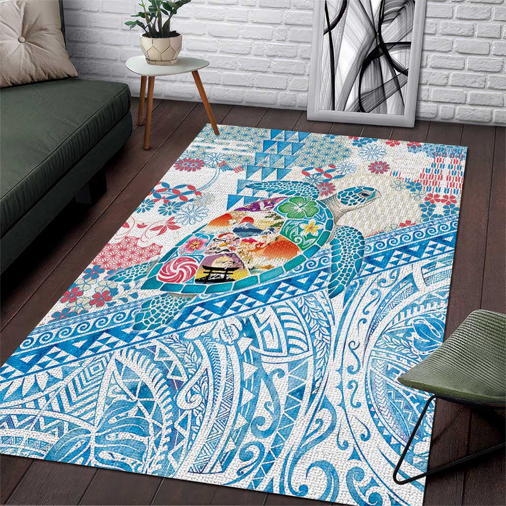 Hawaiian and Japanese Culture Together Area Rug Tropical Honu with Japanese Elements Blue Color LT03 Blue - Polynesian Pride