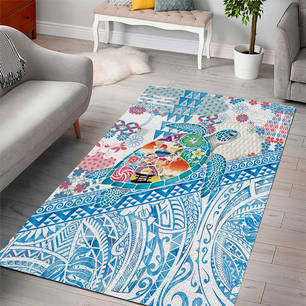 Hawaiian and Japanese Culture Together Area Rug Tropical Honu with Japanese Elements Blue Color LT03 - Polynesian Pride
