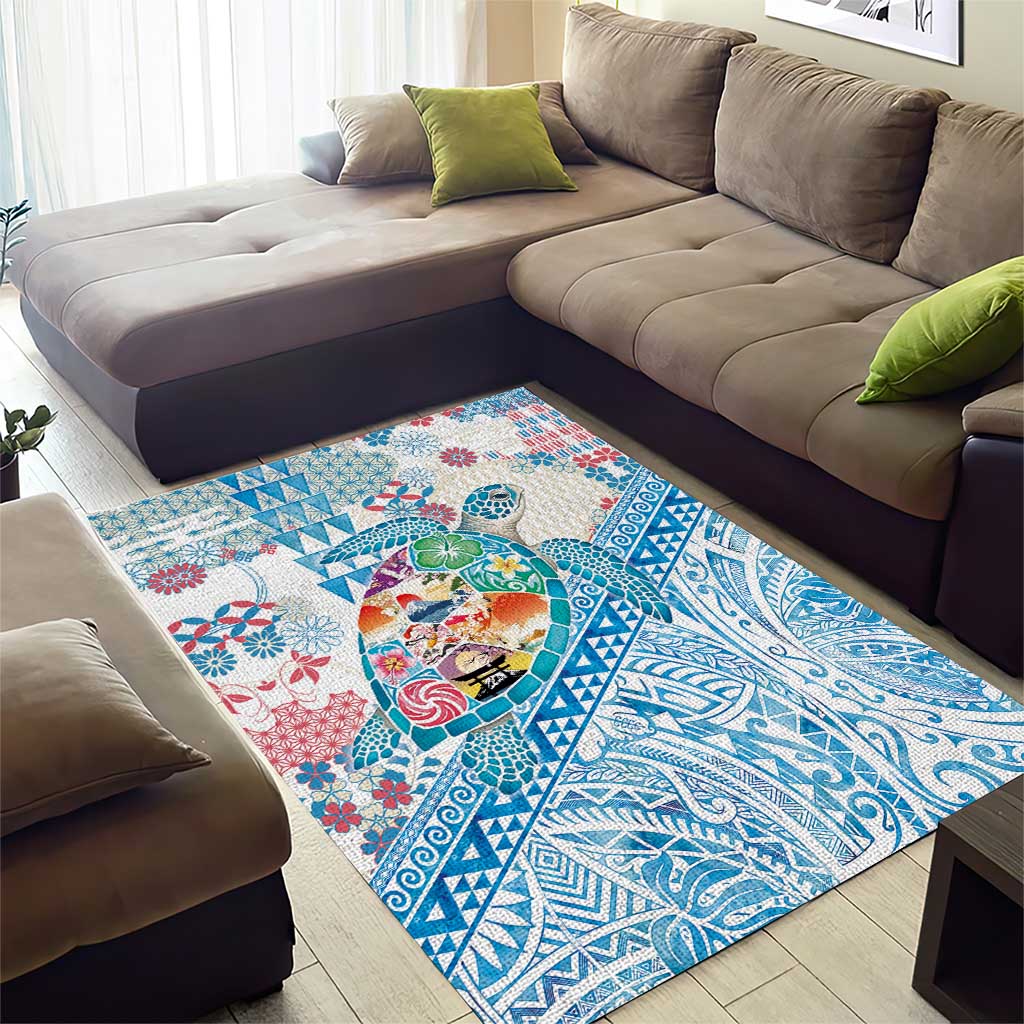 Hawaiian and Japanese Culture Together Area Rug Tropical Honu with Japanese Elements Blue Color LT03 - Polynesian Pride