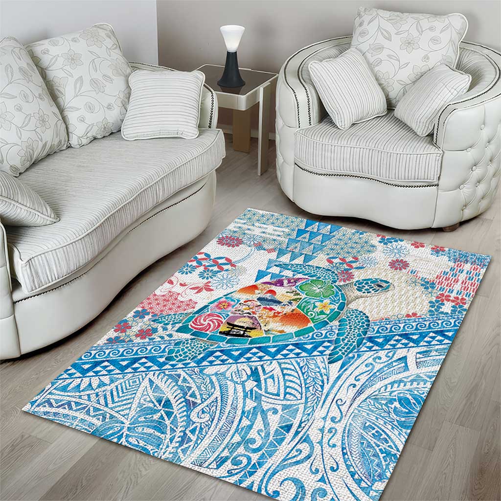 Hawaiian and Japanese Culture Together Area Rug Tropical Honu with Japanese Elements Blue Color LT03 - Polynesian Pride