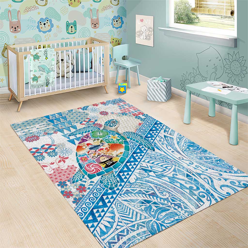Hawaiian and Japanese Culture Together Area Rug Tropical Honu with Japanese Elements Blue Color LT03 - Polynesian Pride