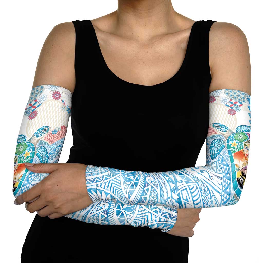 Hawaiian and Japanese Culture Together Arm Sleeves Tropical Honu with Japanese Elements Blue Color LT03 - Polynesian Pride