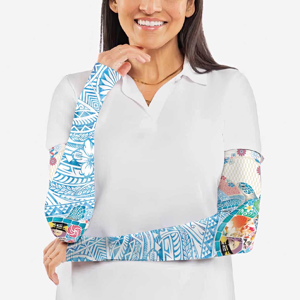 Hawaiian and Japanese Culture Together Arm Sleeves Tropical Honu with Japanese Elements Blue Color LT03 - Polynesian Pride